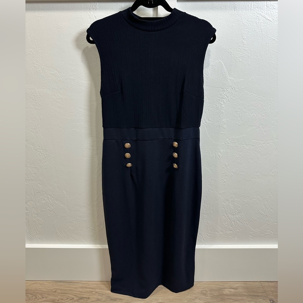 Grace Karin Navy Sleeveless Midi Dress with Gold Buttons and Matching Jacket